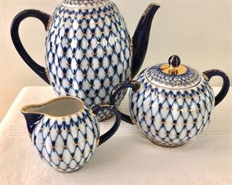 $350  Lomonosov cobalt blue espresso or tea set and cups and saucers.   Coffee pot: 8" H, 7.5" W.  Sugar: 5" H, 6" W.  Creamer: 3.5" H, 4.5" W.  