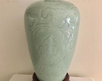 $85 Celadon vase on rosewood carved stand.  10.25" H, 6" diam.  