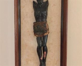 $250  Carved wood figure framed.  12" H, 6" W , 2" D. 