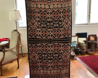 $125 Large Flores textile, black, red, white. 61.75" L x 32" W.