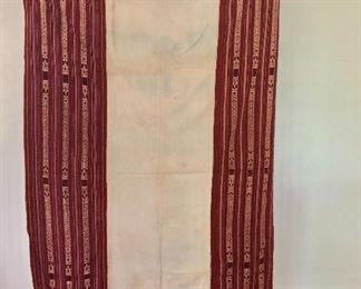 $75 Timor textile, patterned red with white stripe. 71" L x 46.25" W.