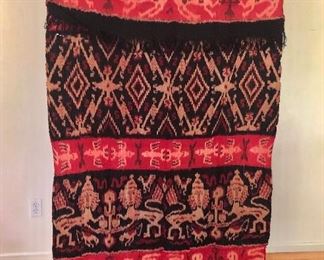 $125 Colorful  textile,  with mythological figures (embodied lion-person, along with monkeys and birds). 54" L x 34.5" W.
