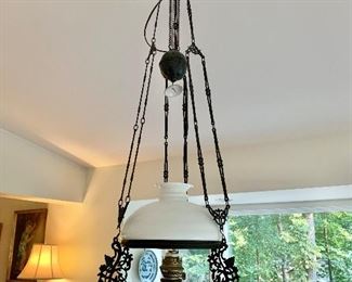 $250 Vintage, adjustable hanging lamp.  As shown 50" H, 13" diam. 