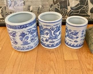 $60  Set 3 blue/white brush washing pots. 5" H x 5" diameter (largest).