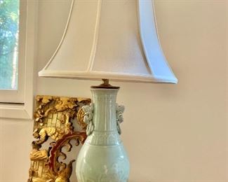 $160  Celadon lamp with lion flanges.  25" H, base 5" diam. 