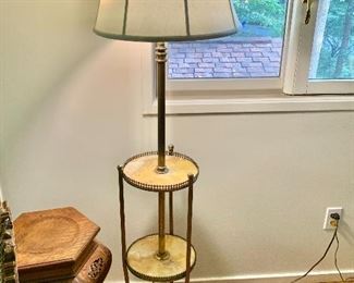 $120  Stone and brass lamp table, 83" H x 11" base diameter x 17.5" shade diameter.