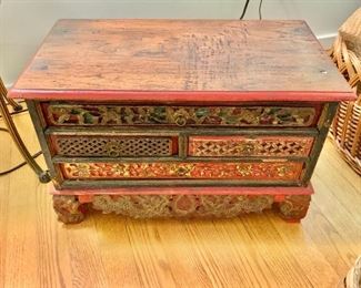 $295  Vintage lacquered and gilded chest, 18" H x 30" W x 15.5" D.