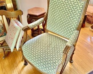 $225  Vintage upholstered armchair, 40.5" H x 26" W x 21" D x 16.5" seat height.