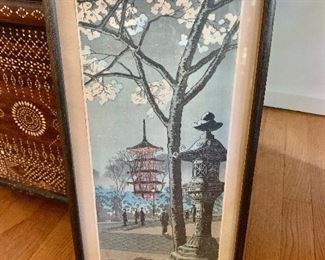 $85  Vintage art - temple beneath cherry tree and urn   18 1/2"H  x 9"W
