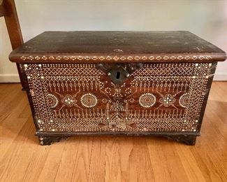 $260   Mother of pearl inlay chest #1, 15.5" H x 27" W x 14.5" D.