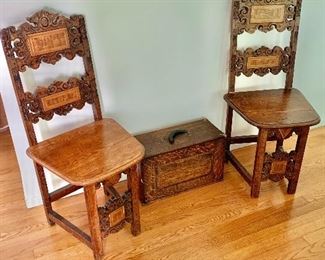 $120 each - Vintage inlaid chairs, 40" H x 17.5" W x 16" D x 19" seat height.
