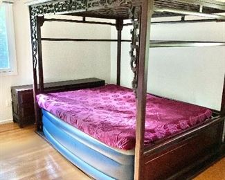 $1400  Vintage  queen sized tropical hardwood ( angsana) double canopy bed, 103" H x 69" W x 90" D (fully assembled), shown with coverlet (air mattress not included)