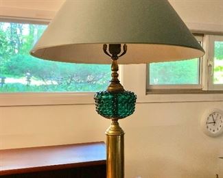$120  Vintage lamp with hobnailed green glass.  26.5" H, base 5.5" diam.  