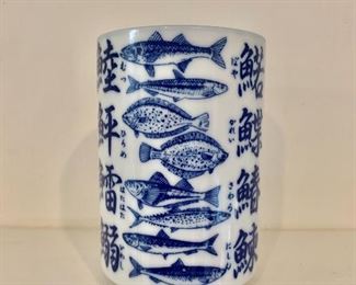 $30 Blue and white vase fish motif.  4" H, 2.5" diam.. 
