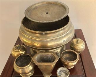 $150  Betel chewing brass box with all accessories and containers.  5.25" H, 7.25" diam.  