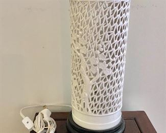 $120 White cylindrical cherry blossom pierced lamp, 13" H x 6" diameter.