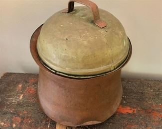 $45  Copper food pot with brass lid.  14"H x 13" diam.