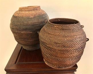 $50 each - Hand woven baskets.   Left 9.5" H, right SOLD  7" H. 