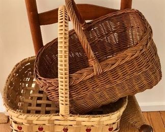 $22 each - Baskets with handles.  Top (French market basket) 14" H, 15" L, 11" W.  Lower (pie carrier) 13.5" H, 16.5" L, 13" W.  