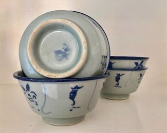 $24 Set of 4 blue and white rice bowls.  Each 2.25" H,  4.5" diam.  