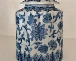  $30 Blue and white lidded jar.  5" H, 3.5" W, 2" D.  