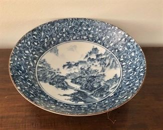 $125  Blue and white shallow bowl landscape design. 10" diam, 3" h.  