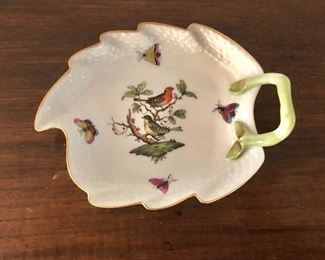 $50 Herend  Rothchild leaf shaped  bird dish with handle.  5.75" L x 4.5" W.  