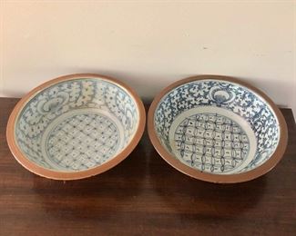 $120  ea Blue and white porcelain bowls as is (have been professionally repaired).  Each  approx 11" diam, 4.5" H.  