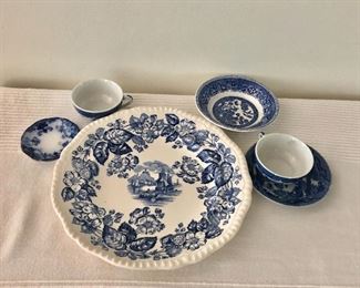 $10 ea piece blue and white pieces.  Plate 9.25" diam. Teacups each 2.75" diam, 1.25" H.  Small bowl 4.75" diam, 1" H.  