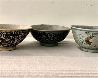 Ceramic painted bowls.  Left $150, center $120, right $150   Each approx 5.25" diam. 2.5" H.  