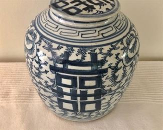 $125 Blue and white ginger jar with lid.  7.5" H, 7" diam. 