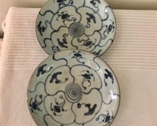 $80 Pair painted porcelain dishes as is see detail photo.   Each 6" diam. 