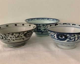 $100 ea  Trio porcelain bowls #2. Each approx 5.25" diam.  
