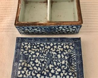 $295  Kangxi Blue and white scholar's calligraphy box.   2.5" H, 4.5" W, 3.25" D. 
