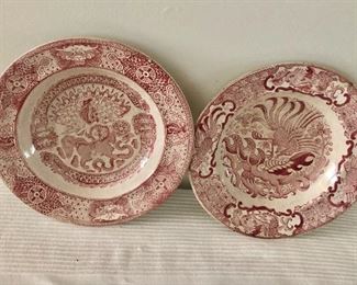 $50 Pair red and white shallow bowls.  Each 10" diam, 1.5" H. 