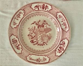 $25  Red and white decorative shallow bowl medallion border.  10" diam, 1.5" H. 