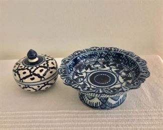 $20 Blue and white box, left; $50 blue and white pedestal bowl SOLD 