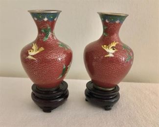 $25 Pair cloisonne vases on stands.  Each 3.5" H.  