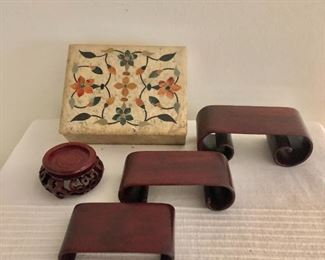 $40 Scroll wood nested stands SOLD . $15 ea inlaid box, stand.  Box: 1.75" H, 4.5" W, 3.75" D. 