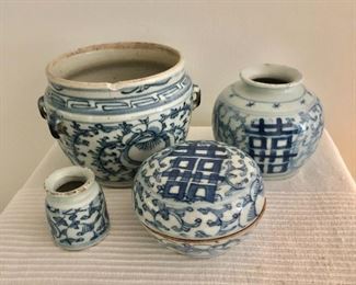 $175 left  Blue and white items,  $125 ea vase, jar, $45  small jug.  Range 4.5" H to 2.25" H.  