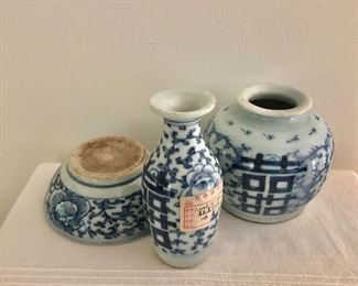 $100  ea blue and white vases and bowl.  Bowl:  4.5" diam, 1.75" H.  Center vase: 5" H.  Right vase: 4" H.  