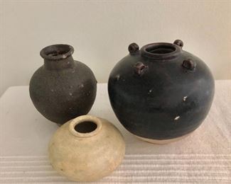 $125  Left Song  Dynasty antique pottery pieces.  $125 Upper left: SOLD   $200  Upper right SOLD $125 Front: 1.75" H, 3" diam.  AVAILABLE