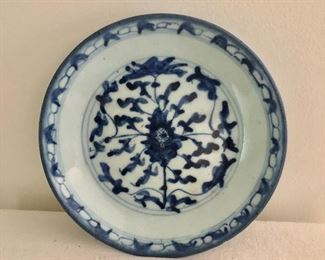 $95  Blue and white porcelain dish signed AS IS small chip .  8.5" diam. 