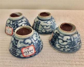 $ 195   4 Blue and white set tea cups.  Each  1.5" H, 2.5" diam.  