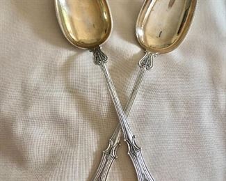 $40 pair engraved sterling silver spoons  7" L. 