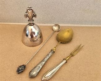 $25 Silver plate bell SOLD  $20 ea  misc utensils  3.75" H, 2.25" diam.  