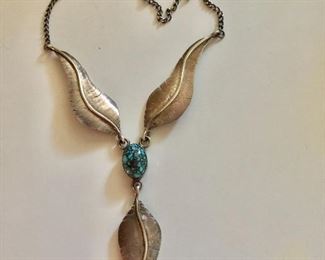 $130 Sterling silver and turquoise signed necklace.  chain:: 17.5"L; pendant: 3"L 