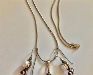 $75 Pearl and amethyst stone sterling silver necklace and earrings set.  Earrings about ~1.2"L.  Chain:  18"L. Pendant: ~1.3"L  