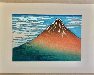 $75 "The Red Fuji" from Hokusai (1760-1849) "36 Views of Fuji".  7.5" H x 10.5" W (image 5" H x 7.5" W).  