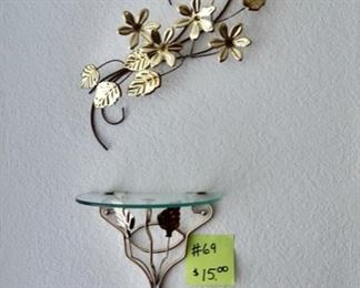 #69-small gold and glass shelf and floral wall décor set. $15.00 Shelf-8.5x9.5; Floral 15"